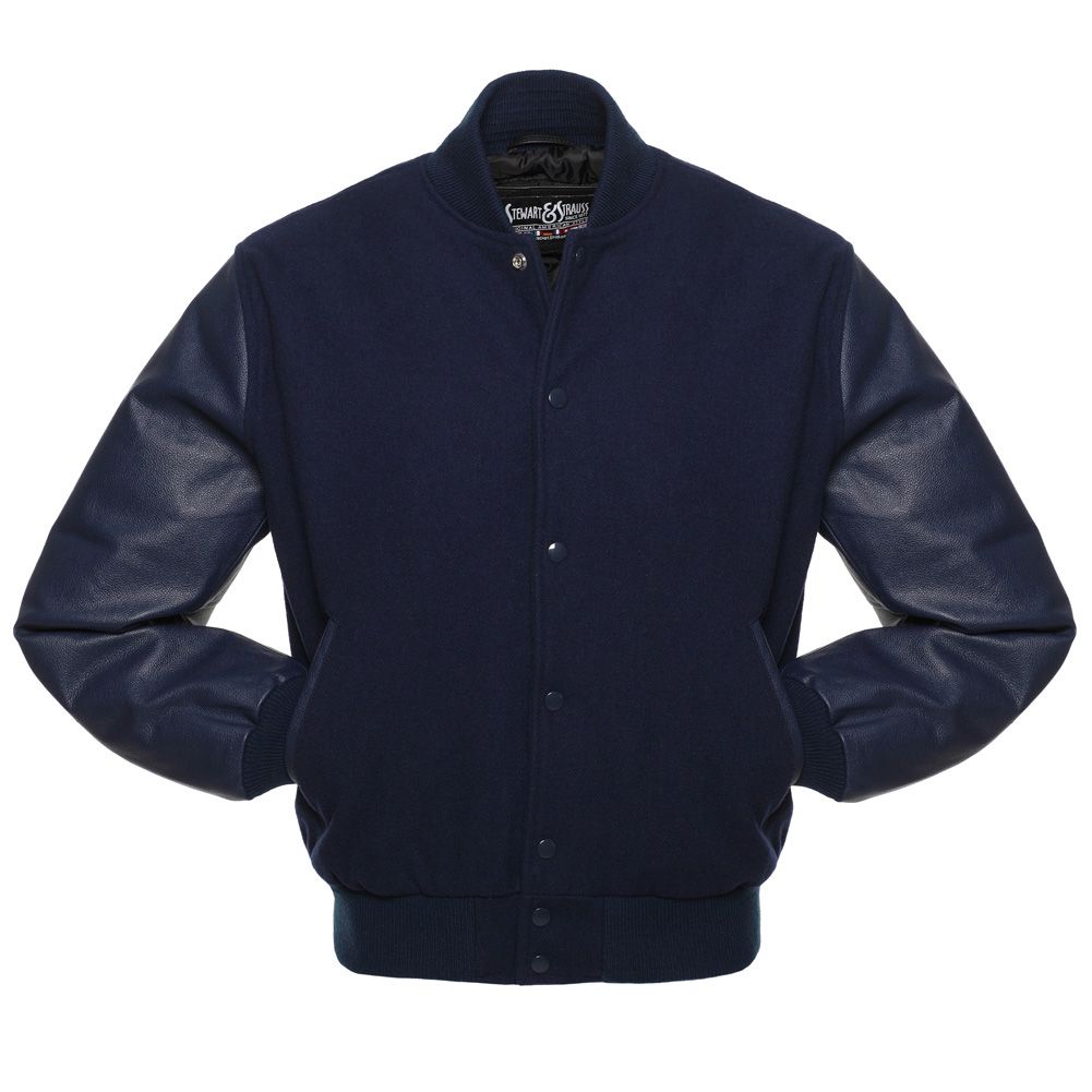 Jacketshop Jacket Navy Blue Wool Navy Blue Leather Varsity Jacket