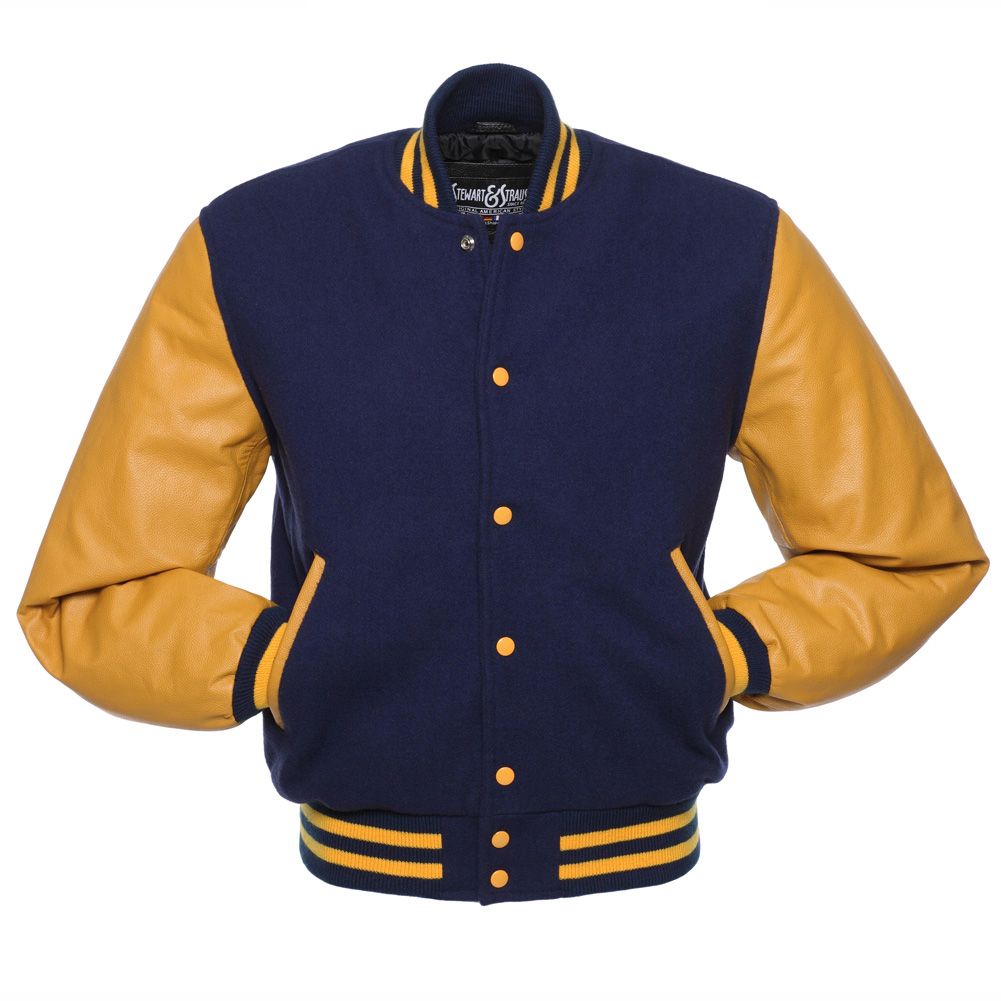 Jacketshop Jacket Navy Blue Wool Gold Leather Varsity Jacket