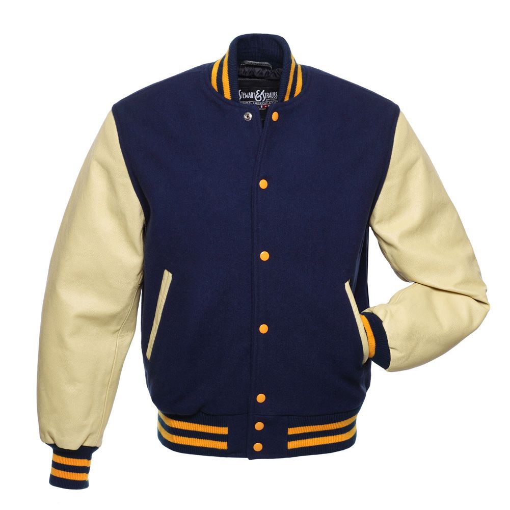 Jacketshop Jacket Navy Blue Wool Cream Leather Letter Jacket