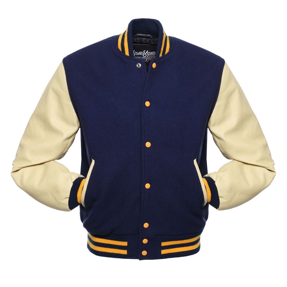 Jacketshop Jacket Navy Blue Wool Cream Leather Letter Jacket