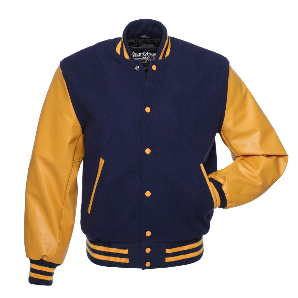 Jacketshop Jacket Navy Blue Wool Gold Vinyl Varsity Jacket