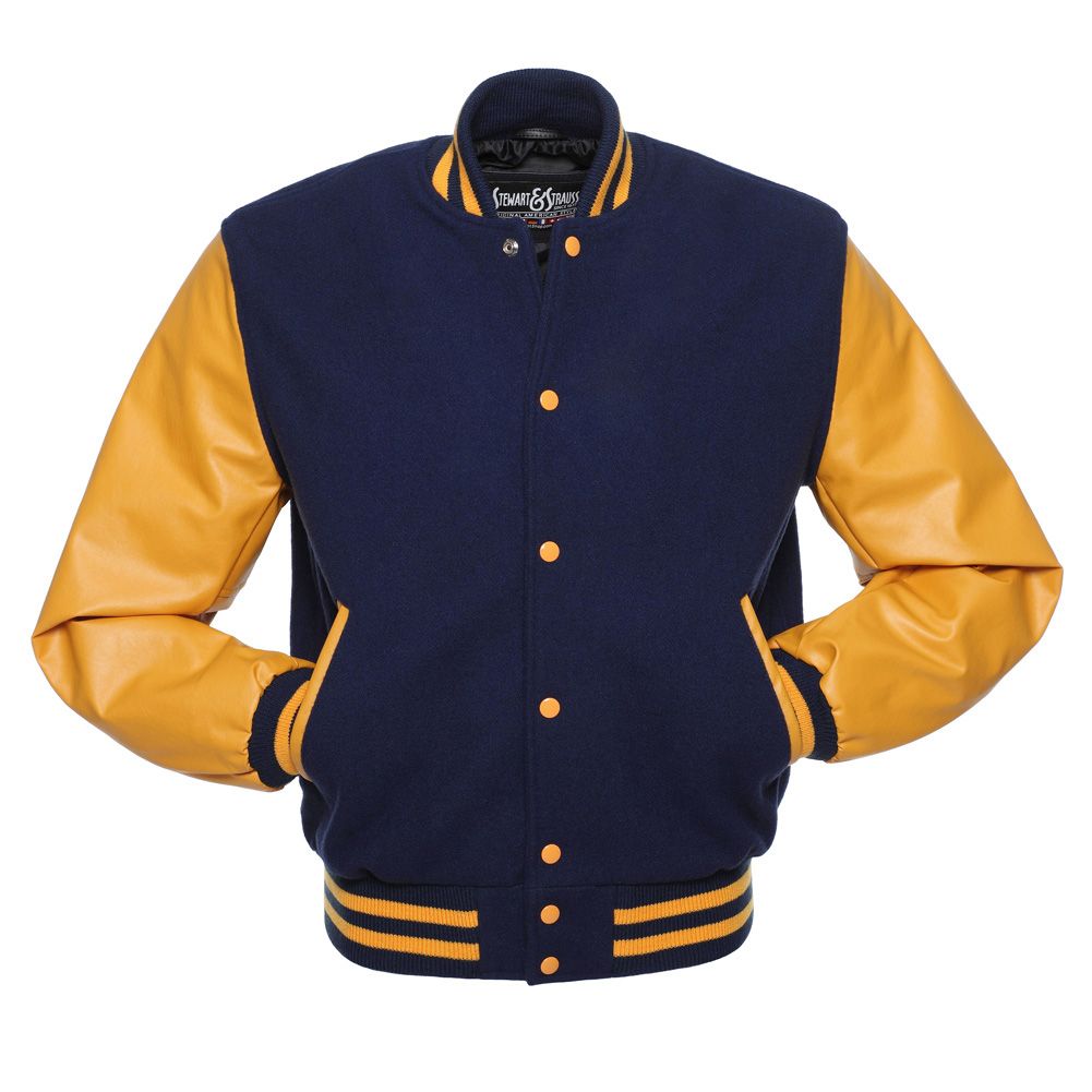 Jacketshop Jacket Navy Blue Wool Gold Vinyl Varsity Jacket