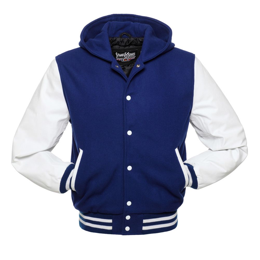 Jacketshop Jacket Hoodie Royal Blue Wool White Leather Varsity Jacket