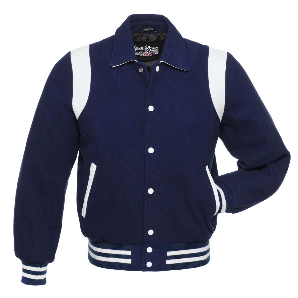 Jacketshop Jacket Retro Navy Blue Wool White Leather Letterman Jackets