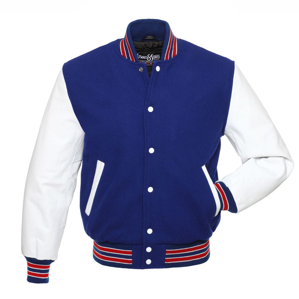 All Wool Red With White Leather Stripes Varsity Jacket Letterman Baseball Bomber Style
