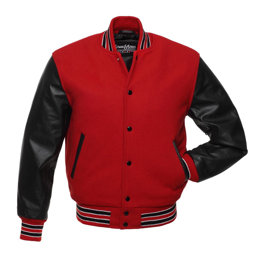 Varsity Letterman Jacket Red Wool With Black  Real Leather Sleeves 