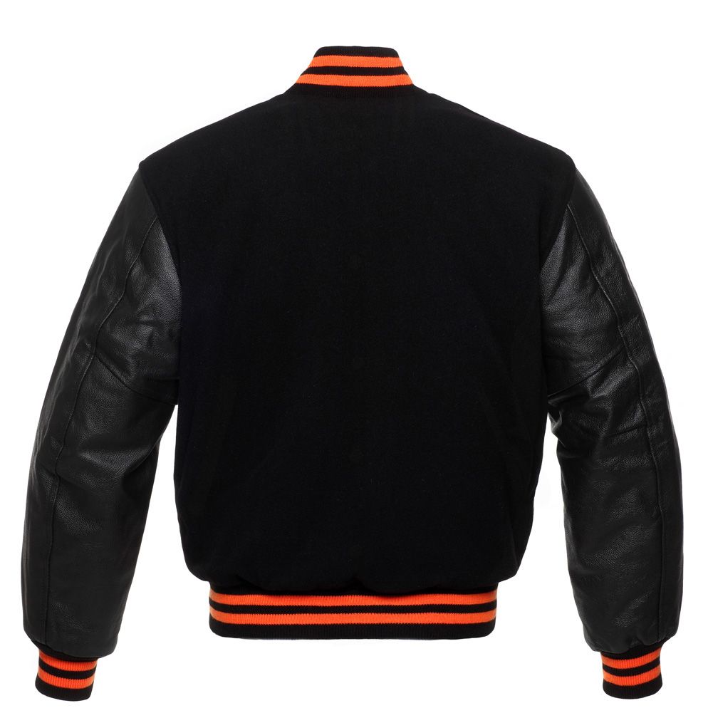 Jacketshop Jacket Black Wool Black Leather Orange Trim Letterman Jackets