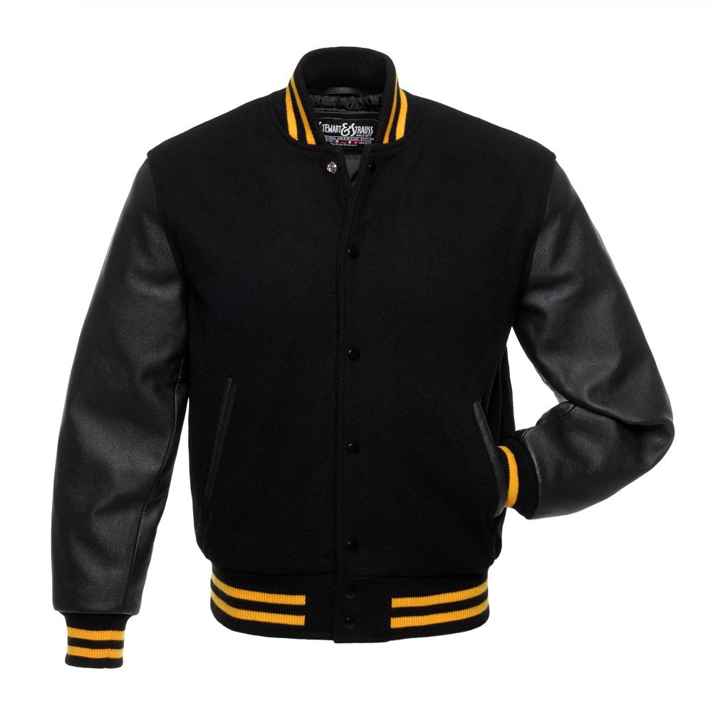Jacketshop Jacket Black Wool Black Leather Gold Trim Varsity Jackets