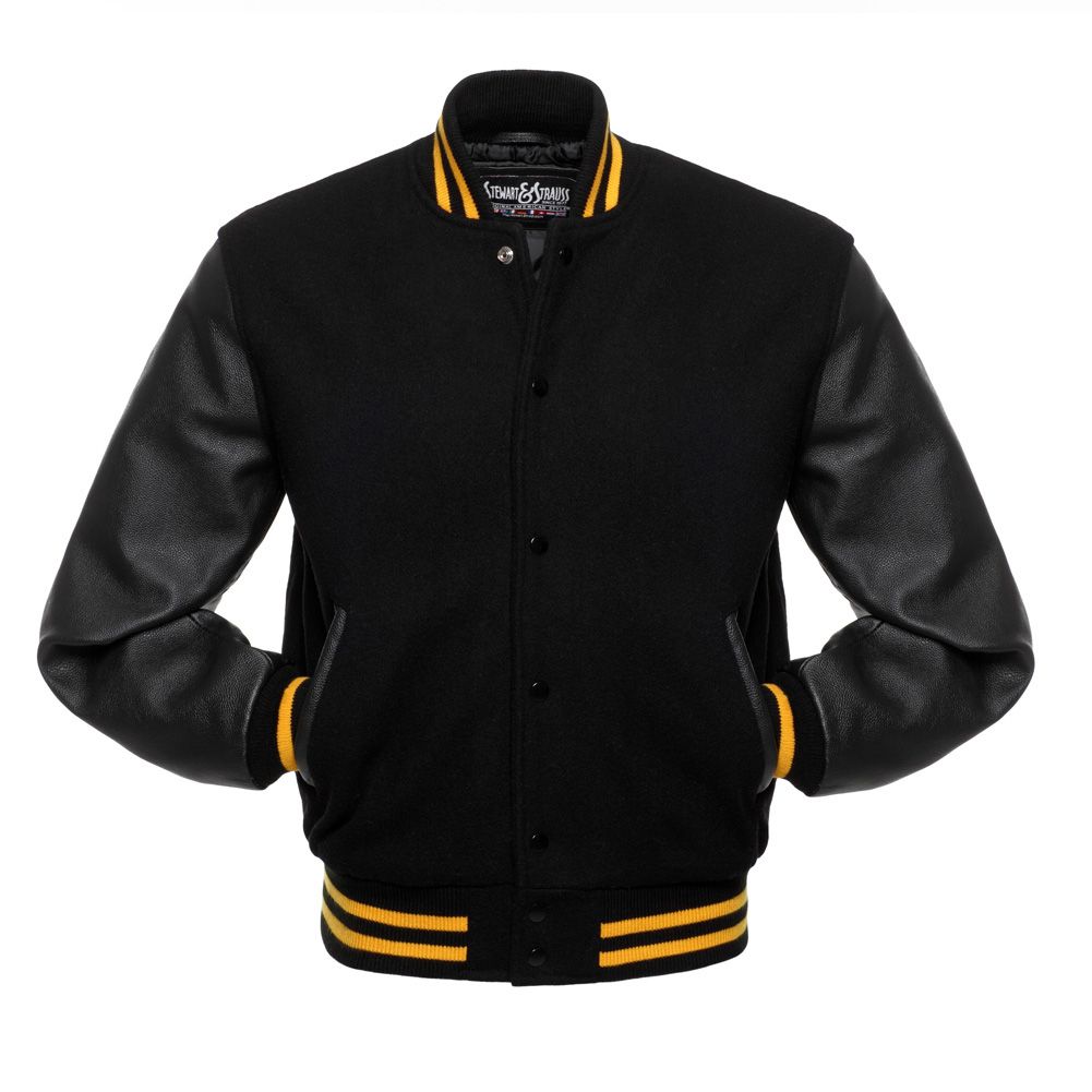 Jacketshop Jacket Black Wool Black Leather Gold Trim Varsity Jackets