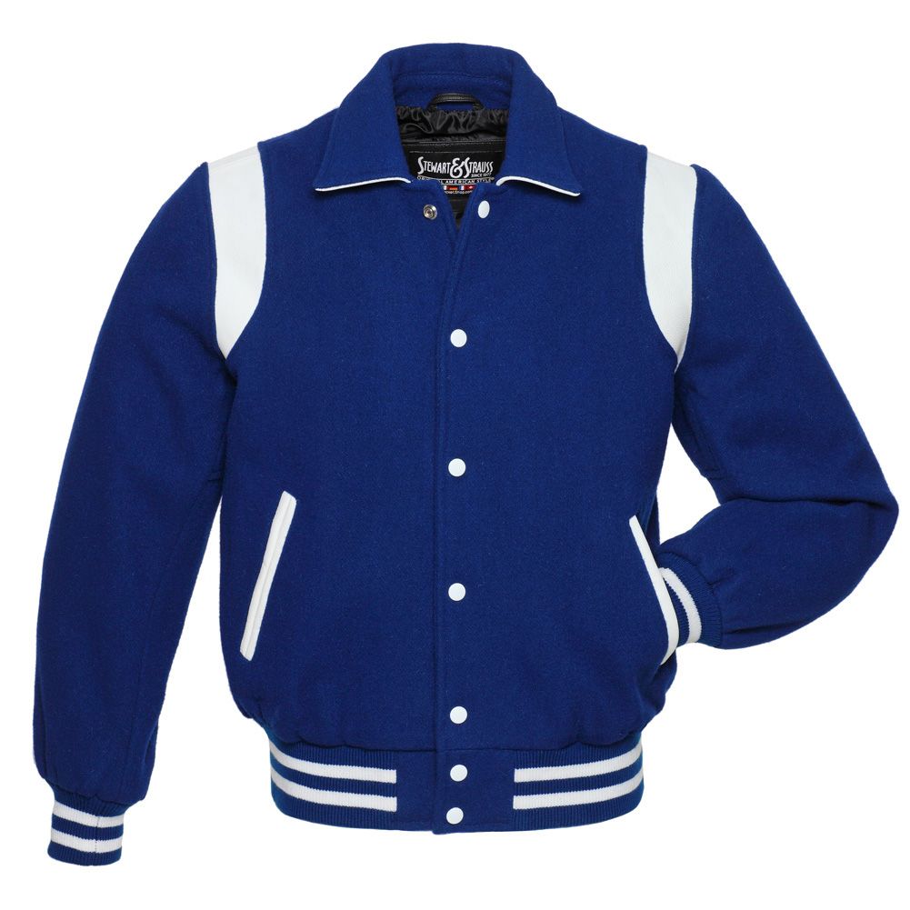 Varsity Royal Blue Wool and Genuine White Leather Sleeves Letterman Baseball Jacket