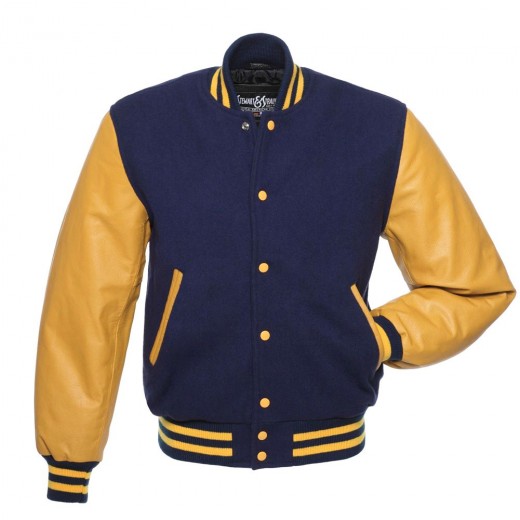 Jacketshop Jacket Navy Blue Wool Gold Leather Varsity Jacket