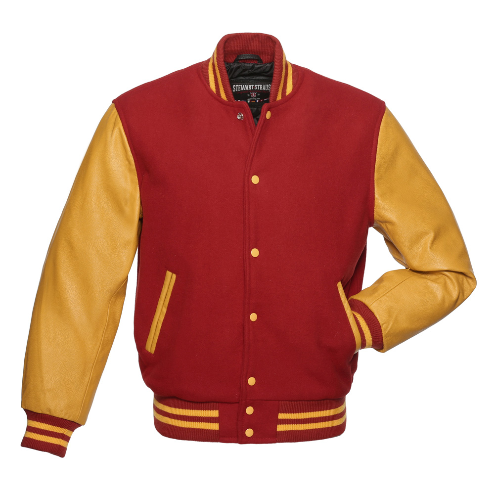 GOLD YELLOW Leather Sleeves RED Wool Varsity Letterman BOMBER BASEBALL Jacket 
