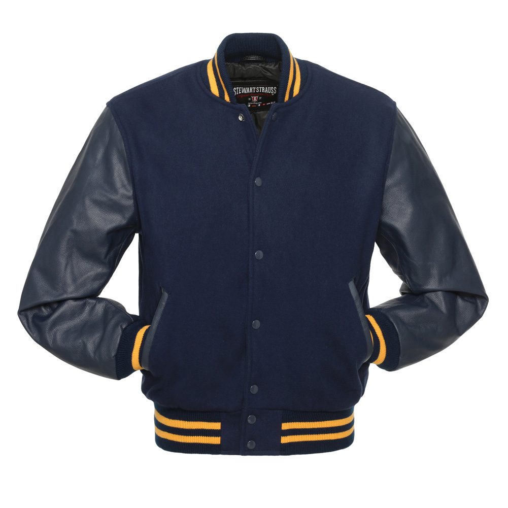 Jacketshop Jacket Navy Blue Wool Navy Leather Gold Trim High School Jackets